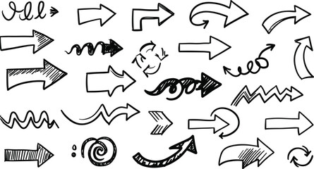 Collection of hand drawn black arrows and symbols on white background direction sign