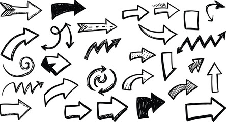 Collection of Hand Drawn Black Arrows and Symbols on White Background direction sketch