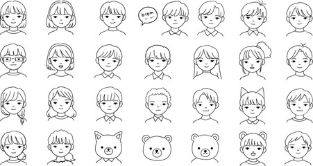 Collection of Hand Drawn Doodle Style Faces and Animal Heads drawing people