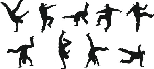 Silhouettes of male breakdancers performing acrobatic moves on white background vector