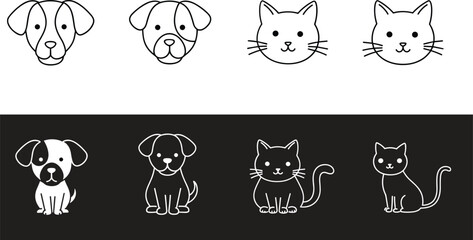 Simple line art dog and cat faces and full bodies on white and black backgrounds puppy kitten