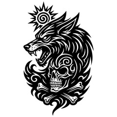 Tribal Wolf Skull with Sun Spirit Vector, Roaring Predator Wolf Silhouette for Dark Art Tattoo