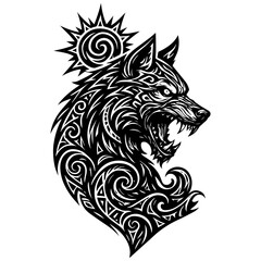 Tribal Wolf Head with Sun Silhouette Vector, Roaring Predator Wolf Tattoo and Logo Design