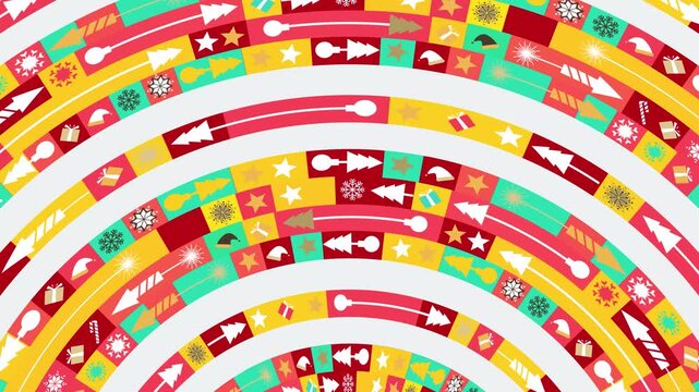 Festive holiday pattern background with colorful christmas icons arranged in swirling concentric bands