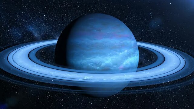 Cosmic exploration of a vibrant blue alien world with icy rings against a starry nebula background in 3D animation