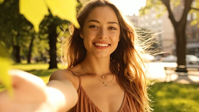 Young woman smiling and reaching out her hand invitingly in a sunny park