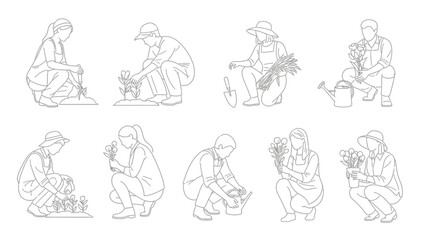 Line drawings of people gardening and tending to plants