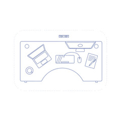 minimalist office desk layout top view with computer monitor laptop mouse and documents in thin line style for business workspace design
