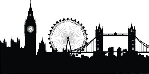 Fototapeta premium Black silhouette of London skyline with Big Ben London Eye and Tower Bridge London skyline silhouette
