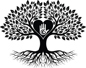 Black tree of life with heart shaped trunk and hand symbol black and white roots