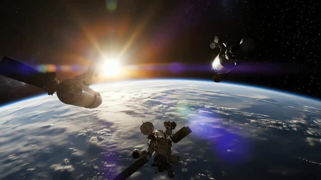 Three spacecraft orbiting planet earth with bright sun shining in the background