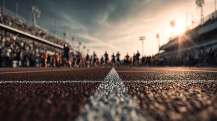 Intense track race start line, blurred runners, stadium and sunlight