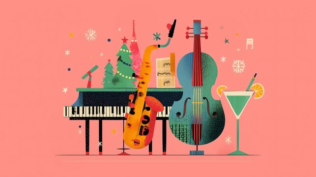 Christmas jazz party concert dance ball, saxophone, cello, piano, cocktails, and Christmas tree