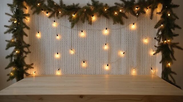 A festive holiday backdrop featuring a wooden table, a pegboard wall adorned with pine garland and twinkling fairy lights.