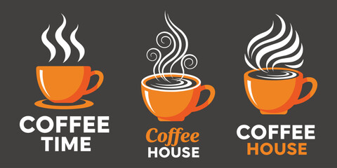 Three orange coffee cups with steam and text on dark gray background hot beverage drink