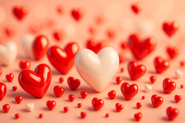 Valentines day hearts background with red and white glossy hearts on soft pink romantic backdrop