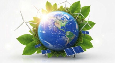 Earth surrounded by greenery, wind turbines, and solar panels against white