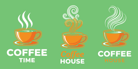 Three orange coffee cups with steam on green background with text drink