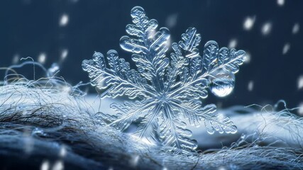 Macro view of an intricate ice crystal snowflake resting on blue fibers with falling snow in a cinematic 3D animation, illustrating winter holiday concepts - Powered by Adobe