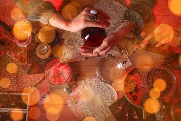 Soothsayer with crystal ball reading future, top view