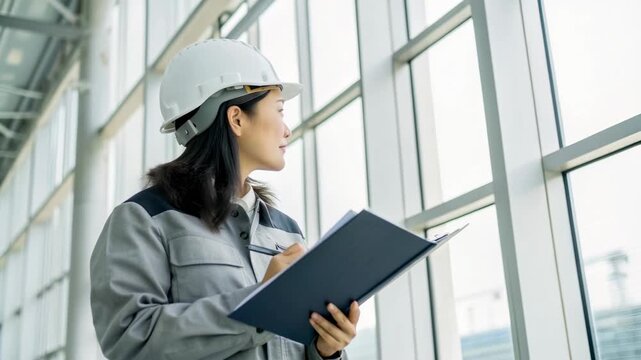 Engineer woman with hard hat helmet and clipboard inspection of construction architect site reviewing notes focused professional uniform inspecting