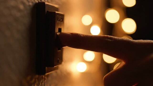 Close up of a finger flipping a light switch in a dimly lit room.
