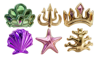 Obraz premium Vibrant Fantasy Elements Including Pearls, Shells, and Crowns on Transparent Background