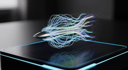 Futuristic interface with data flow visualization from a digital stylus.