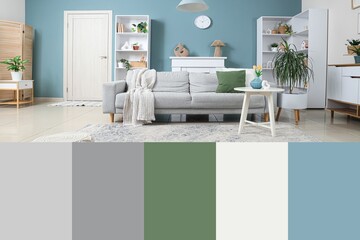 Interior of stylish living room with grey sofa, shelf units and plants. Different color patterns