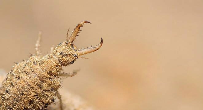 Macro shot of an antlion larva with its prominent jaws covered in sand