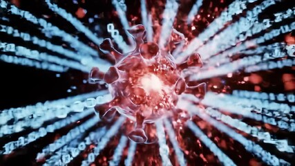 Abstract red virus cell pulsating amidst streaming blue binary code in a seamless 3D animation, visualizing malware and cyber security concepts - Powered by Adobe