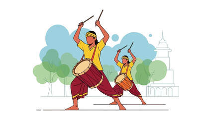 An energetic flat design vector illustration of Urumi Melam drummers performing during a Thaipusam procession, capturing the vibrant sounds and cultural rhythm