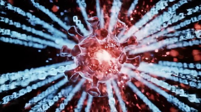 Abstract red virus cell pulsating amidst streaming blue binary code in a seamless 3D animation, visualizing malware and cyber security concepts