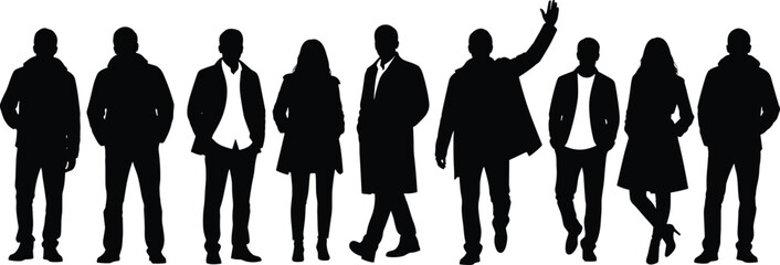 silhouette, people, standing, diverse, posture, fashion, casual, formal, waving, coat, jacket, group, row, black, vector, illustration, human, body language, attire, style