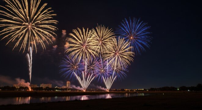 Explosive fireworks display over calm water reflecting city lights at night - Powered by Adobe