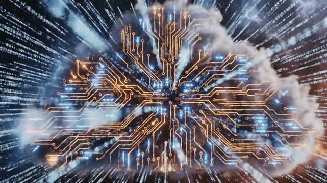 Abstract digital representation of cloud computing with glowing circuit board patterns and data streams.