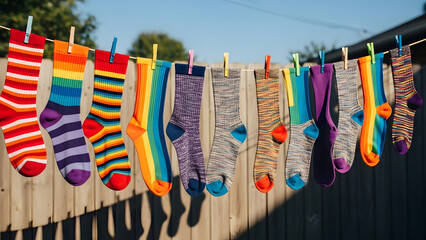 A vibrant display of assorted socks hanging on a clothesline in bright sunlight against a wooden fence and blue sky, showcasing various patterns and colors.