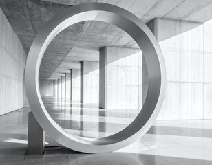 A large steel ring structure installed in a concrete gallery, natural daylight 