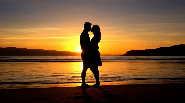 Silhouette of a loving couple in a playful acrobatic pose on the beach against a beautiful golden sunset.
