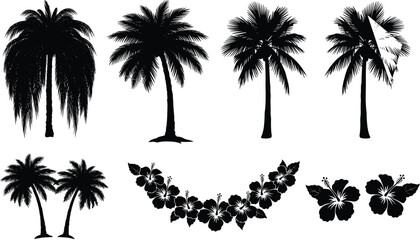 tropical, silhouette, palm tree, hibiscus, flower, beach, summer, island, surfboard, nature, black, vector, illustration, exotic, floral, vacation, paradise, design, decoration, graphic