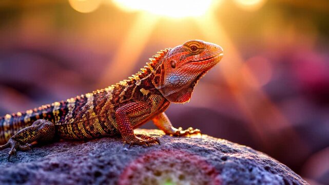 A vibrant lizard rests on a smooth rock, basking under the warm glow of the setting sun. The lizard's colorful scales glisten, emphasizing its beauty and connection to nature.