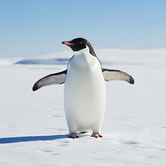 Naklejka premium Adelie penguin standing on snow in Antarctica with outstretched wings.