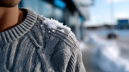 A detailed close-up of a knitted sweater showing snowflakes resting on the fabric, illustrating the beauty of winter and the elegance of cozy clothing in a snowy environment.