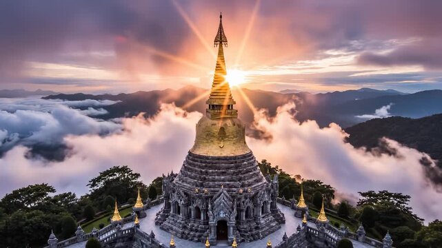 A stunning stupa stands majestically on a mountain top, with golden details reflecting the warm sunlight. The view includes clouds and mountains surrounding the stupa, creating a s