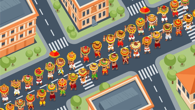 An impressive flat design vector illustration providing an aerial view of a large Thaipusam procession, showcasing the scale and communal spirit