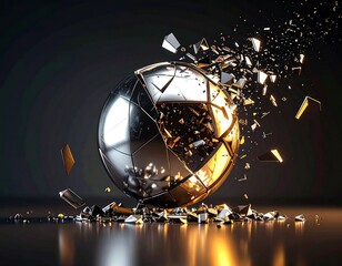 A metallic sphere partially disintegrating into floating geometric shards