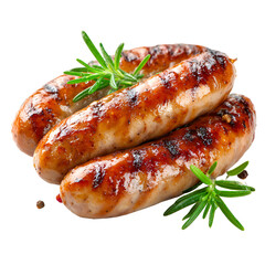 Three grilled sausages with fresh rosemary and peppercorns on a white background