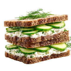 Healthy stacked sandwich with cucumber and fresh herbs on whole grain bread