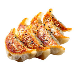 Crispy pan fried gyoza dumplings with sesame seeds and herbs on white background