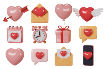 A colorful set of 3D hearts and balloons illustration, a romantic collection of love symbols for Valentine's Day design